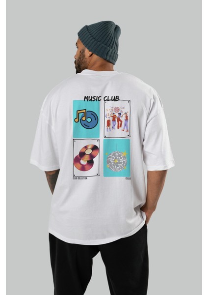 Music Club Arka Baskılı Oversize T-Shirt Erkek Kadın %100 Pamuk Bisiklet Yaka Tişort fırsatları
