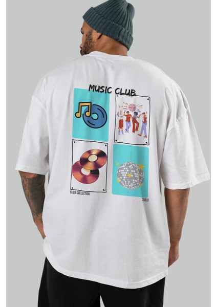 Music Club Arka Baskılı Oversize T-Shirt Erkek Kadın %100 Pamuk Bisiklet Yaka Tişort indirimleri