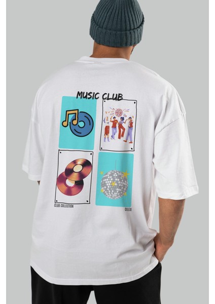 Music Club Arka Baskılı Oversize T-Shirt Erkek Kadın %100 Pamuk Bisiklet Yaka Tişort