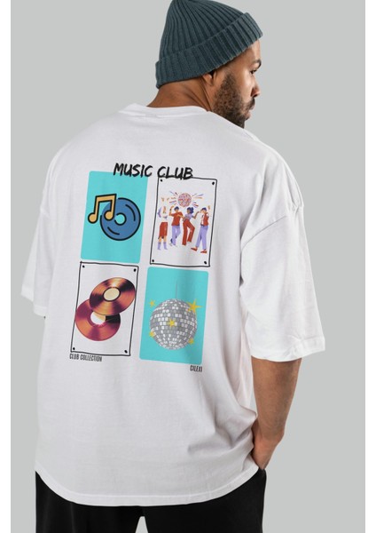 Music Club Arka Baskılı Oversize T-Shirt Erkek Kadın %100 Pamuk Bisiklet Yaka Tişort