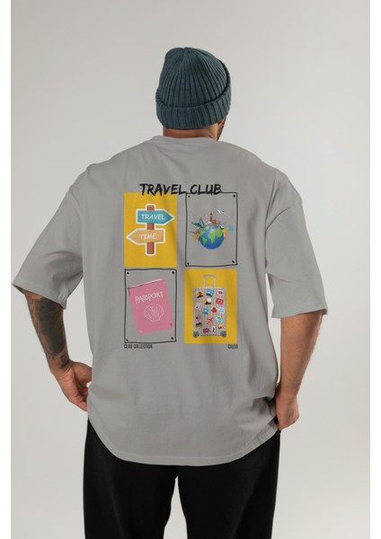 Travel Club Arka Baskılı Oversize T-Shirt Erkek Kadın %100 Pamuk Bisiklet Yaka Tişort