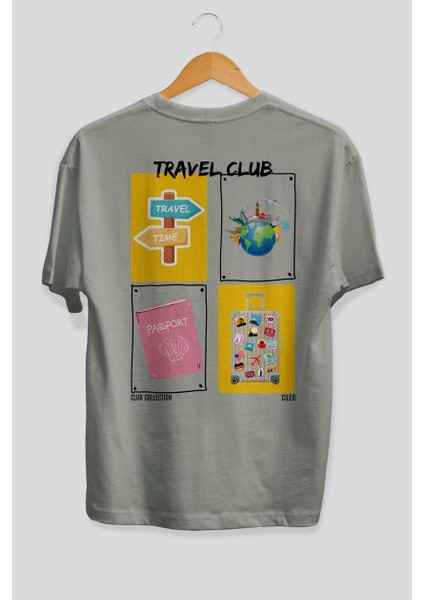 Travel Club Arka Baskılı Oversize T-Shirt Erkek Kadın %100 Pamuk Bisiklet Yaka Tişort fiyatları