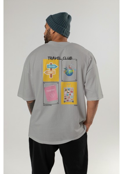 Travel Club Arka Baskılı Oversize T-Shirt Erkek Kadın %100 Pamuk Bisiklet Yaka Tişort fırsatları