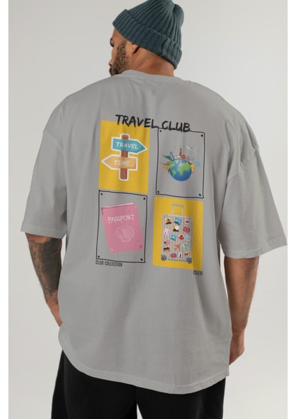 Travel Club Arka Baskılı Oversize T-Shirt Erkek Kadın %100 Pamuk Bisiklet Yaka Tişort indirimleri