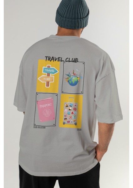 Travel Club Arka Baskılı Oversize T-Shirt Erkek Kadın %100 Pamuk Bisiklet Yaka Tişort
