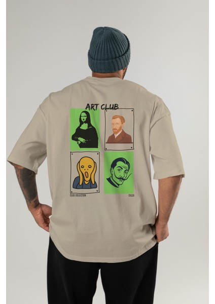 Art Club Arka Baskılı Oversize T-Shirt Erkek Kadın %100 Pamuk Bisiklet Yaka Tişort