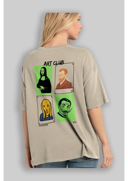 Art Club Arka Baskılı Oversize T-Shirt Erkek Kadın %100 Pamuk Bisiklet Yaka Tişort modelleri