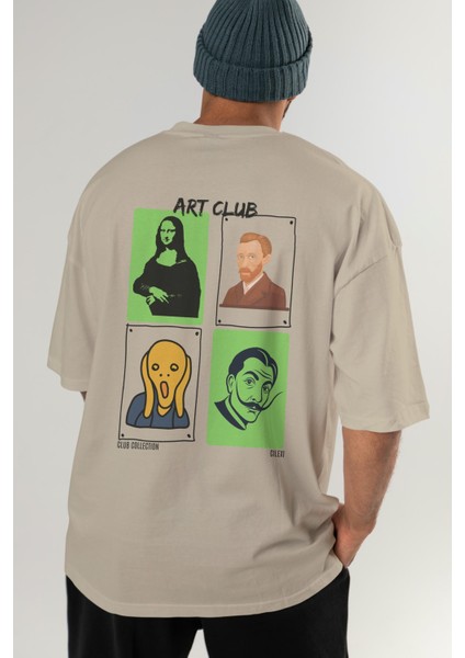 Art Club Arka Baskılı Oversize T-Shirt Erkek Kadın %100 Pamuk Bisiklet Yaka Tişort