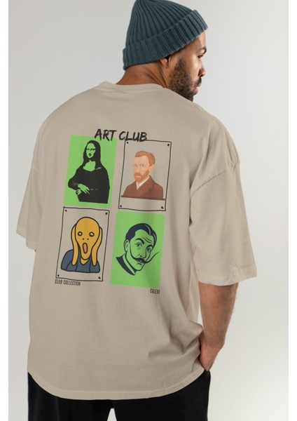 Art Club Arka Baskılı Oversize T-Shirt Erkek Kadın %100 Pamuk Bisiklet Yaka Tişort