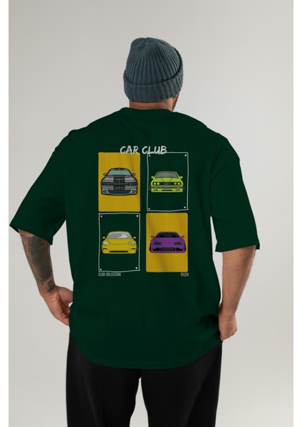 Car Club Arka Baskılı Oversize T-Shirt Erkek Kadın %100 Pamuk Bisiklet Yaka Tişort