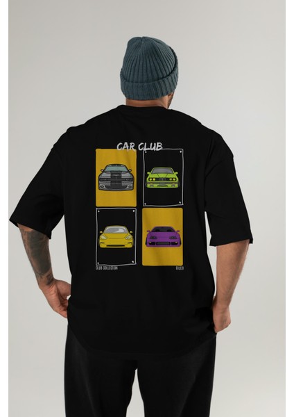 Car Club Arka Baskılı Oversize T-Shirt Erkek Kadın %100 Pamuk Bisiklet Yaka Tişort