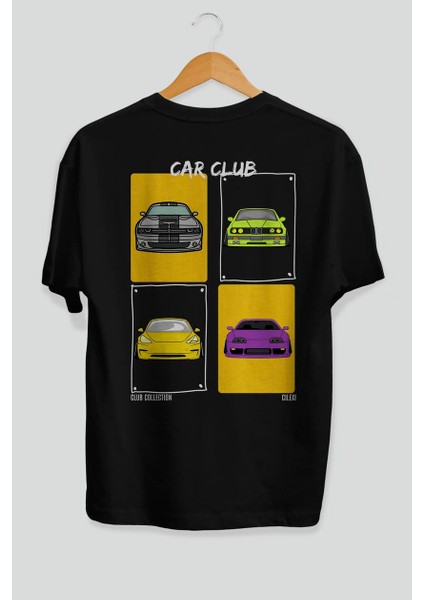 Car Club Arka Baskılı Oversize T-Shirt Erkek Kadın %100 Pamuk Bisiklet Yaka Tişort fiyatları
