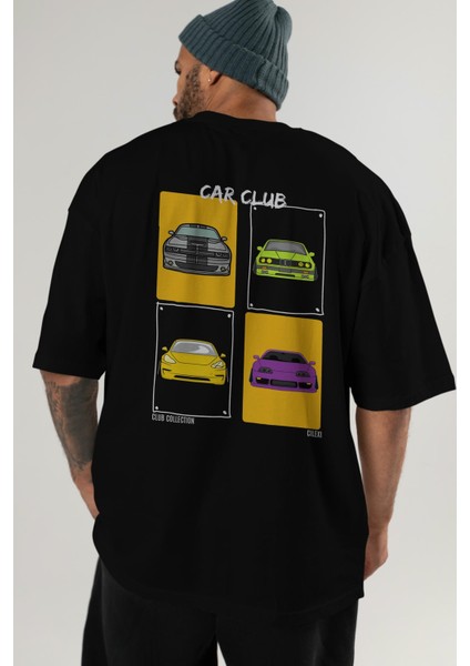 Car Club Arka Baskılı Oversize T-Shirt Erkek Kadın %100 Pamuk Bisiklet Yaka Tişort