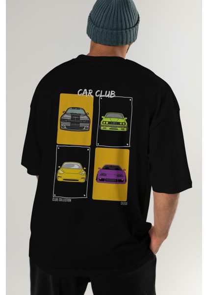 Car Club Arka Baskılı Oversize T-Shirt Erkek Kadın %100 Pamuk Bisiklet Yaka Tişort
