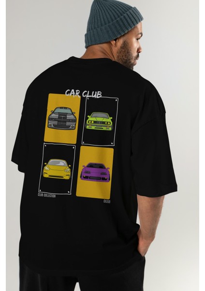 Car Club Arka Baskılı Oversize T-Shirt Erkek Kadın %100 Pamuk Bisiklet Yaka Tişort