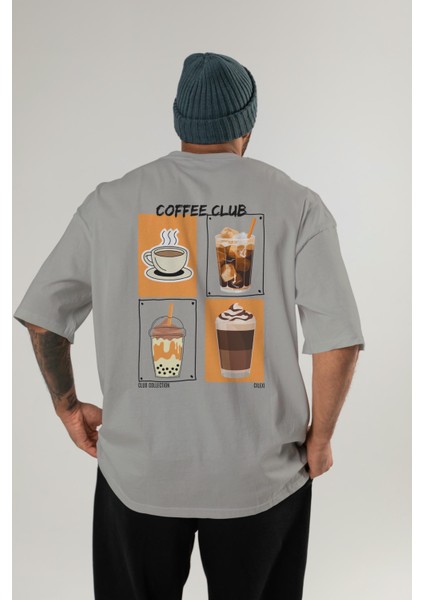 Coffee Club Arka Baskılı Oversize T-Shirt Erkek Kadın %100 Pamuk Bisiklet Yaka Tişort