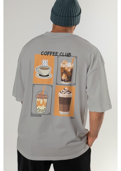 Coffee Club Arka Baskılı Oversize T-Shirt Erkek Kadın %100 Pamuk Bisiklet Yaka Tişort