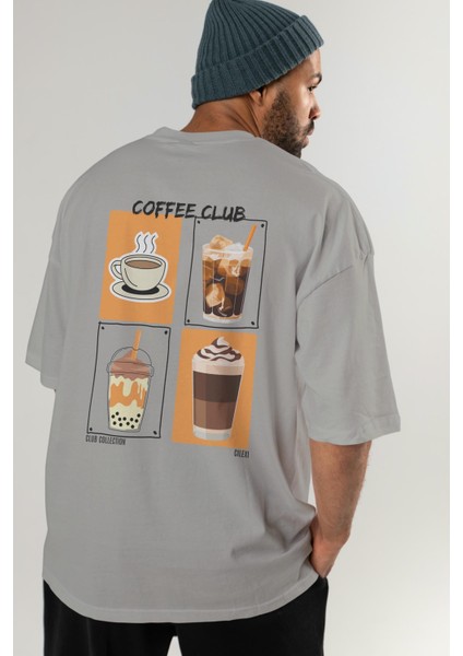 Coffee Club Arka Baskılı Oversize T-Shirt Erkek Kadın %100 Pamuk Bisiklet Yaka Tişort