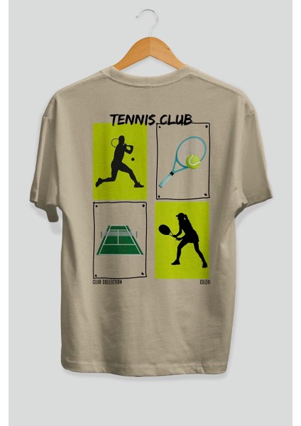 Tennis Club Arka Baskılı Oversize T-Shirt Erkek Kadın %100 Pamuk Bisiklet Yaka Tişort fiyatları