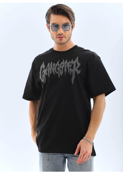Unisex Oversize Taşlı Bisiklet Yaka T-Shirt - Siyah indirimleri