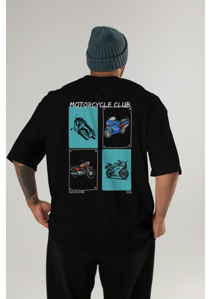 Motorcycle Club Arka Baskılı Oversize T-Shirt Erkek Kadın %100 Pamuk Bisiklet Yaka Tişort