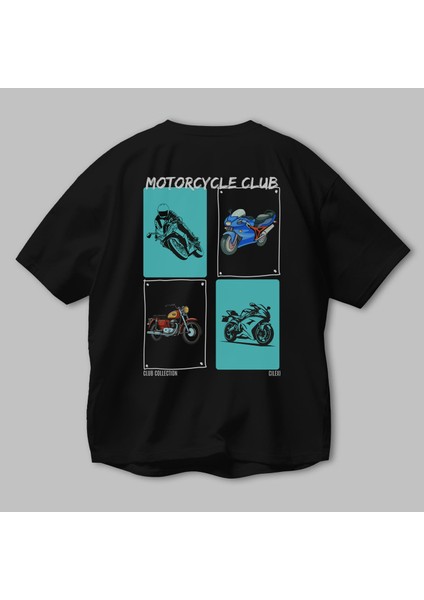 Motorcycle Club Arka Baskılı Oversize T-Shirt Erkek Kadın %100 Pamuk Bisiklet Yaka Tişort modelleri