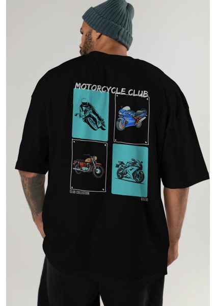 Motorcycle Club Arka Baskılı Oversize T-Shirt Erkek Kadın %100 Pamuk Bisiklet Yaka Tişort