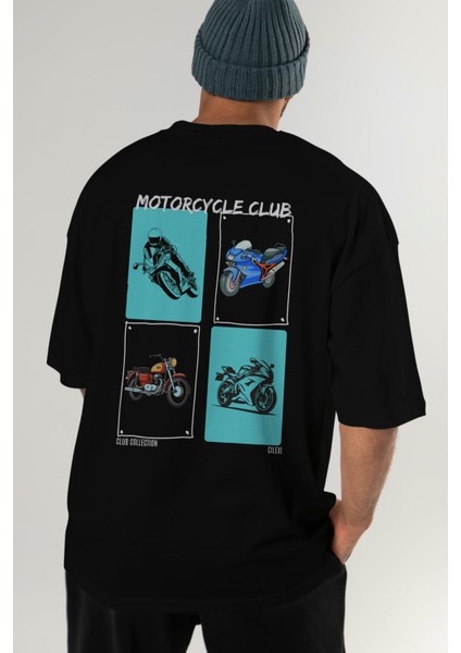 Motorcycle Club Arka Baskılı Oversize T-Shirt Erkek Kadın %100 Pamuk Bisiklet Yaka Tişort