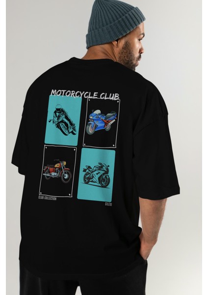 Motorcycle Club Arka Baskılı Oversize T-Shirt Erkek Kadın %100 Pamuk Bisiklet Yaka Tişort