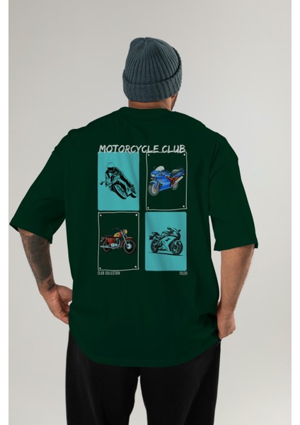 Motorcycle Club Arka Baskılı Oversize T-Shirt Erkek Kadın %100 Pamuk Bisiklet Yaka Tişort