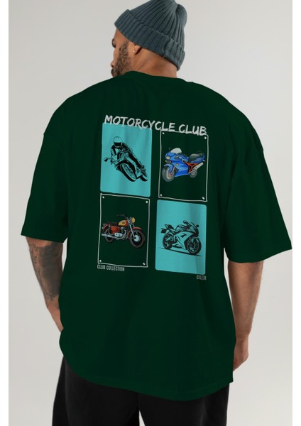 Motorcycle Club Arka Baskılı Oversize T-Shirt Erkek Kadın %100 Pamuk Bisiklet Yaka Tişort