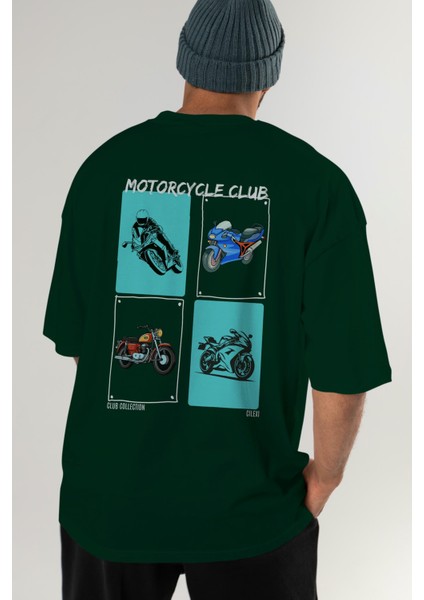Motorcycle Club Arka Baskılı Oversize T-Shirt Erkek Kadın %100 Pamuk Bisiklet Yaka Tişort