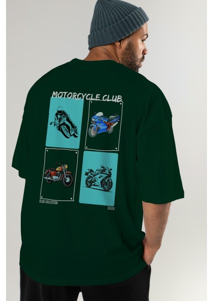 Motorcycle Club Arka Baskılı Oversize T-Shirt Erkek Kadın %100 Pamuk Bisiklet Yaka Tişort