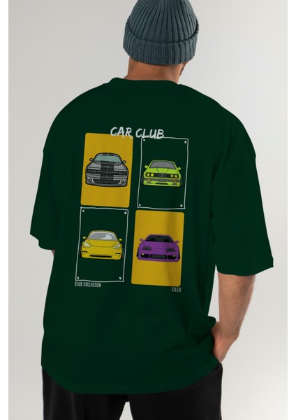 Car Club Arka Baskılı Oversize T-Shirt Erkek Kadın %100 Pamuk Bisiklet Yaka Tişort