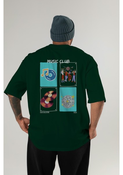 Music Club Arka Baskılı Oversize T-Shirt Erkek Kadın %100 Pamuk Bisiklet Yaka Tişort