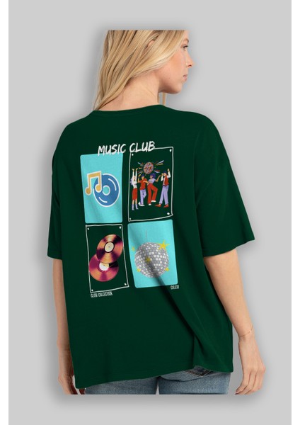 Music Club Arka Baskılı Oversize T-Shirt Erkek Kadın %100 Pamuk Bisiklet Yaka Tişort fırsatları