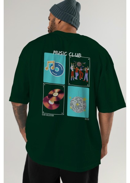 Music Club Arka Baskılı Oversize T-Shirt Erkek Kadın %100 Pamuk Bisiklet Yaka Tişort