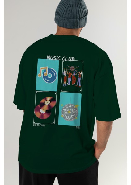 Music Club Arka Baskılı Oversize T-Shirt Erkek Kadın %100 Pamuk Bisiklet Yaka Tişort