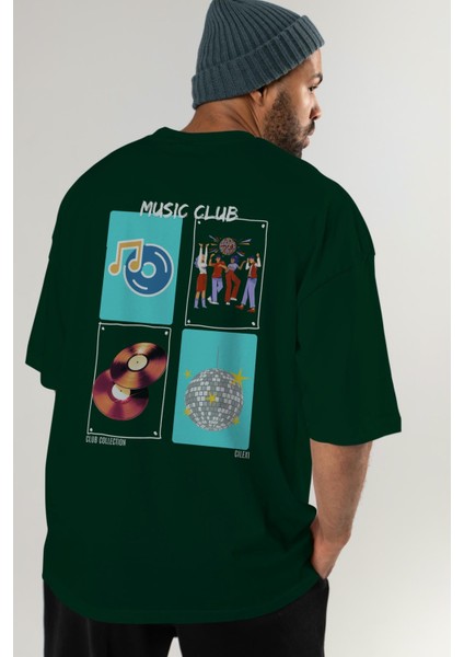 Music Club Arka Baskılı Oversize T-Shirt Erkek Kadın %100 Pamuk Bisiklet Yaka Tişort