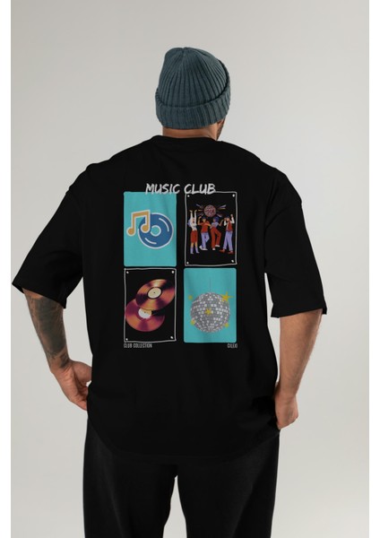 Music Club Arka Baskılı Oversize T-Shirt Erkek Kadın %100 Pamuk Bisiklet Yaka Tişort