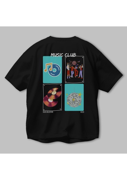 Music Club Arka Baskılı Oversize T-Shirt Erkek Kadın %100 Pamuk Bisiklet Yaka Tişort modelleri