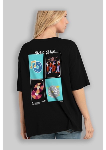 Music Club Arka Baskılı Oversize T-Shirt Erkek Kadın %100 Pamuk Bisiklet Yaka Tişort fırsatları