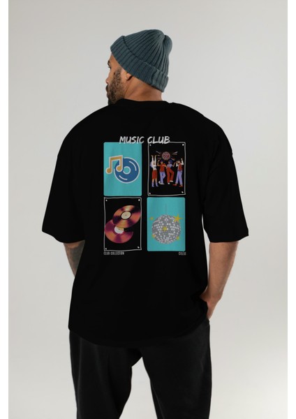 Music Club Arka Baskılı Oversize T-Shirt Erkek Kadın %100 Pamuk Bisiklet Yaka Tişort indirimleri