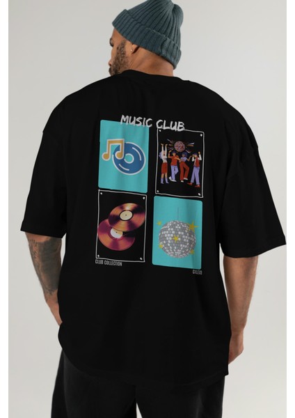 Music Club Arka Baskılı Oversize T-Shirt Erkek Kadın %100 Pamuk Bisiklet Yaka Tişort