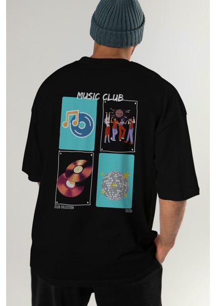Music Club Arka Baskılı Oversize T-Shirt Erkek Kadın %100 Pamuk Bisiklet Yaka Tişort