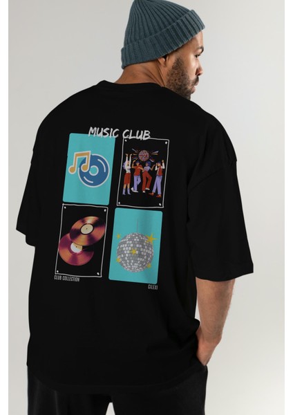 Music Club Arka Baskılı Oversize T-Shirt Erkek Kadın %100 Pamuk Bisiklet Yaka Tişort