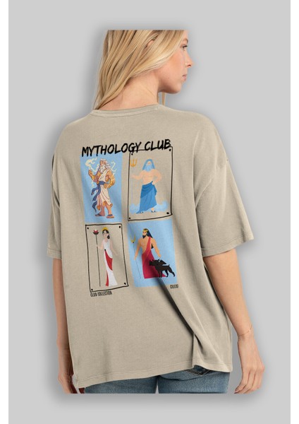 Mythology Club 2 Arka Baskılı Oversize T-Shirt Erkek Kadın %100 Pamuk Bisiklet Yaka Tişort modelleri