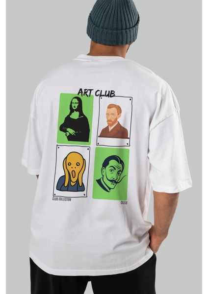 Art Club Arka Baskılı Oversize T-Shirt Erkek Kadın %100 Pamuk Bisiklet Yaka Tişort