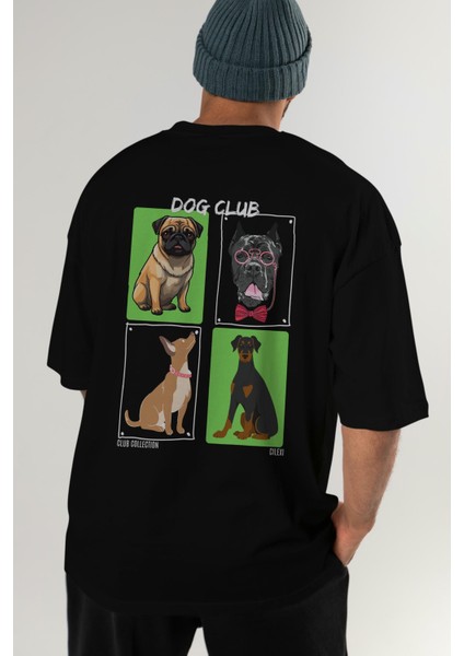 Dog Club Arka Baskılı Oversize T-Shirt Erkek Kadın %100 Pamuk Bisiklet Yaka Tişort
