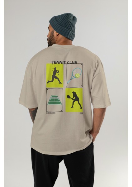 Tennis Club Arka Baskılı Oversize T-Shirt Erkek Kadın %100 Pamuk Bisiklet Yaka Tişort fırsatları